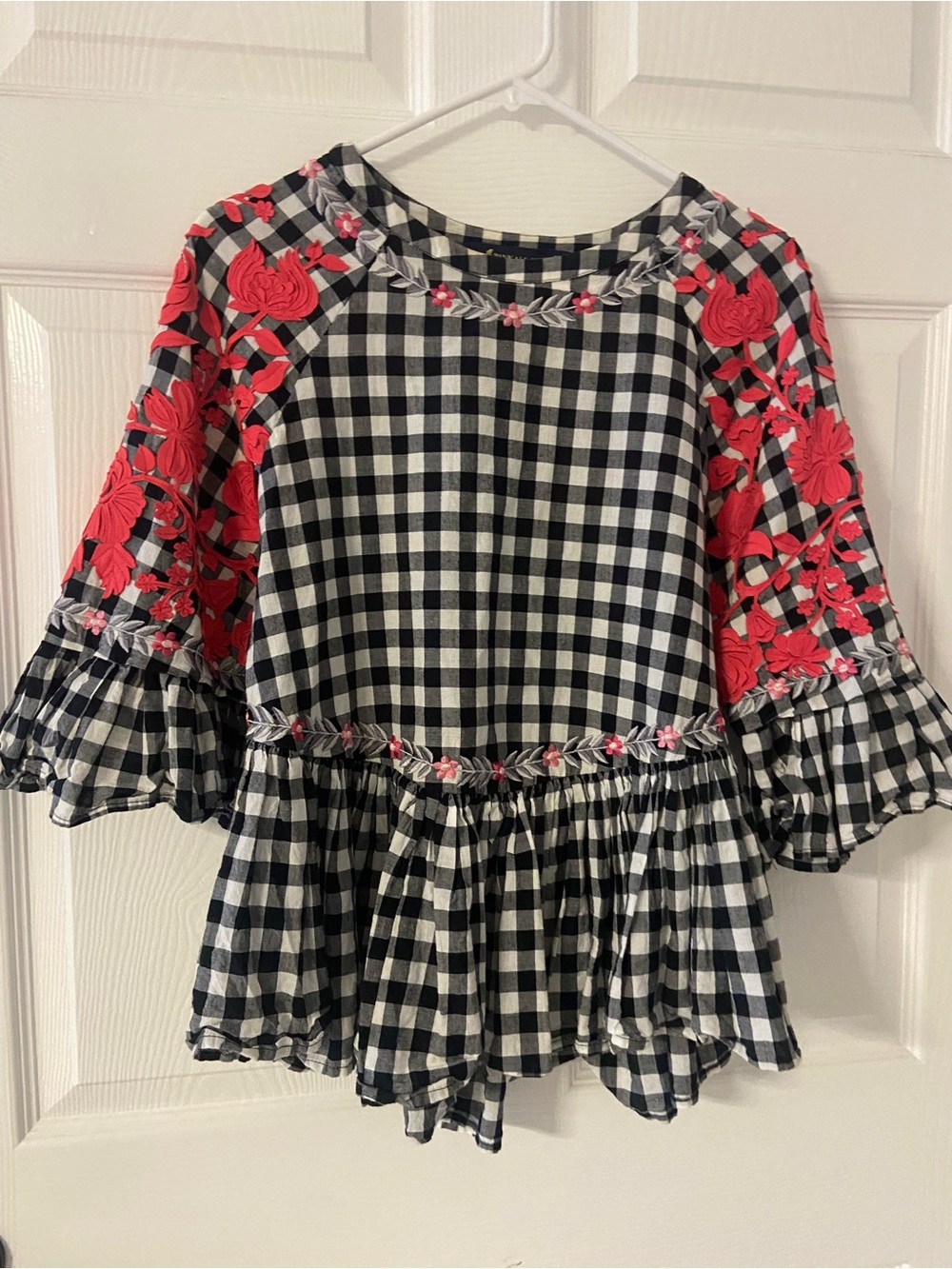 PANKAJ & NIDHI Check Plaid ANTHROPOLOGIE Coral Floral Applique BOHO Top